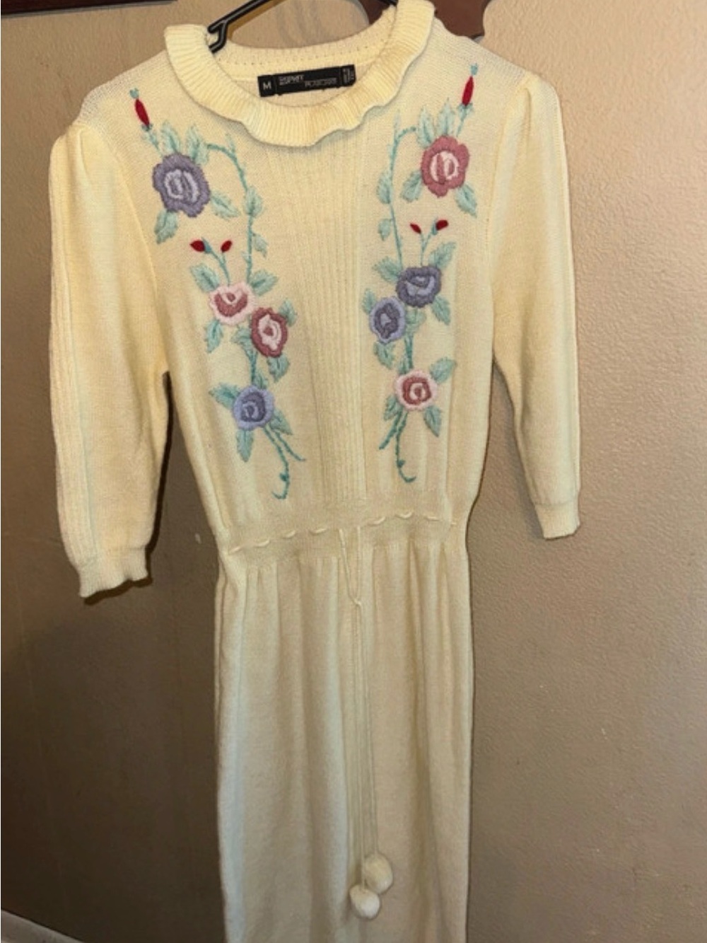 Esprit Cream Knit Long-Sleeve Dress with Pastel Floral Embroidery